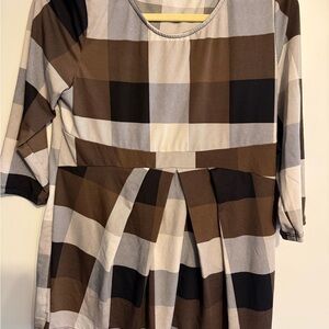 Plaid Scoop-Neck Peplum Tunic in Brown and Cream